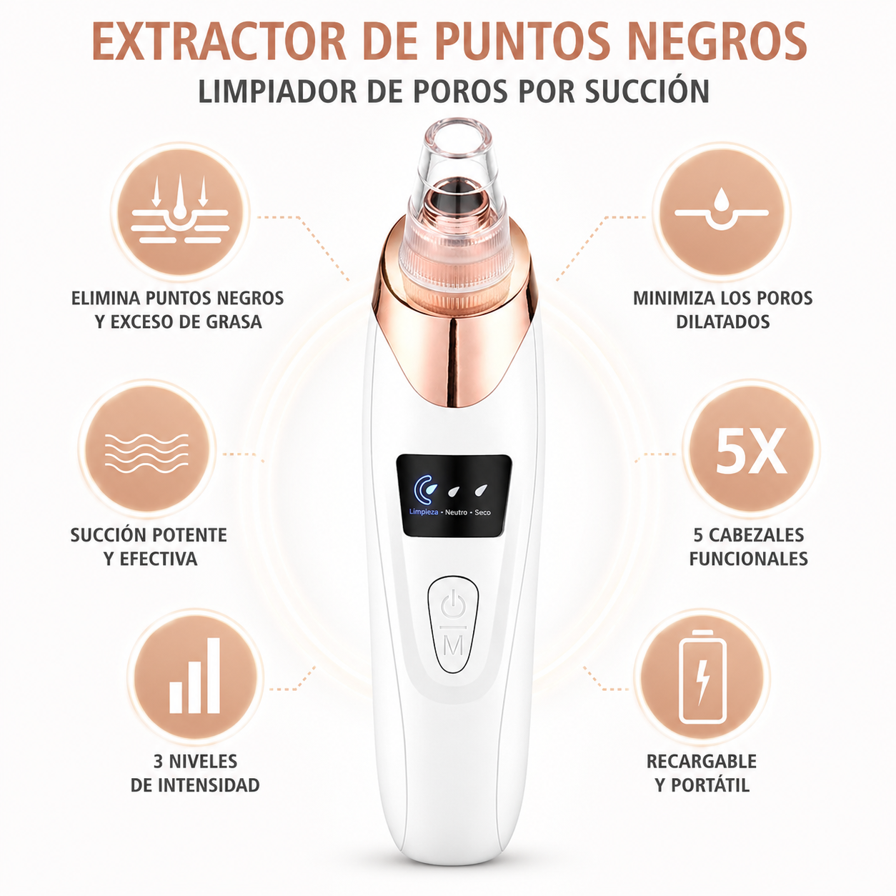 Limpiador facial de poros - Extractor de puntos negros con 5 niveles de succión.